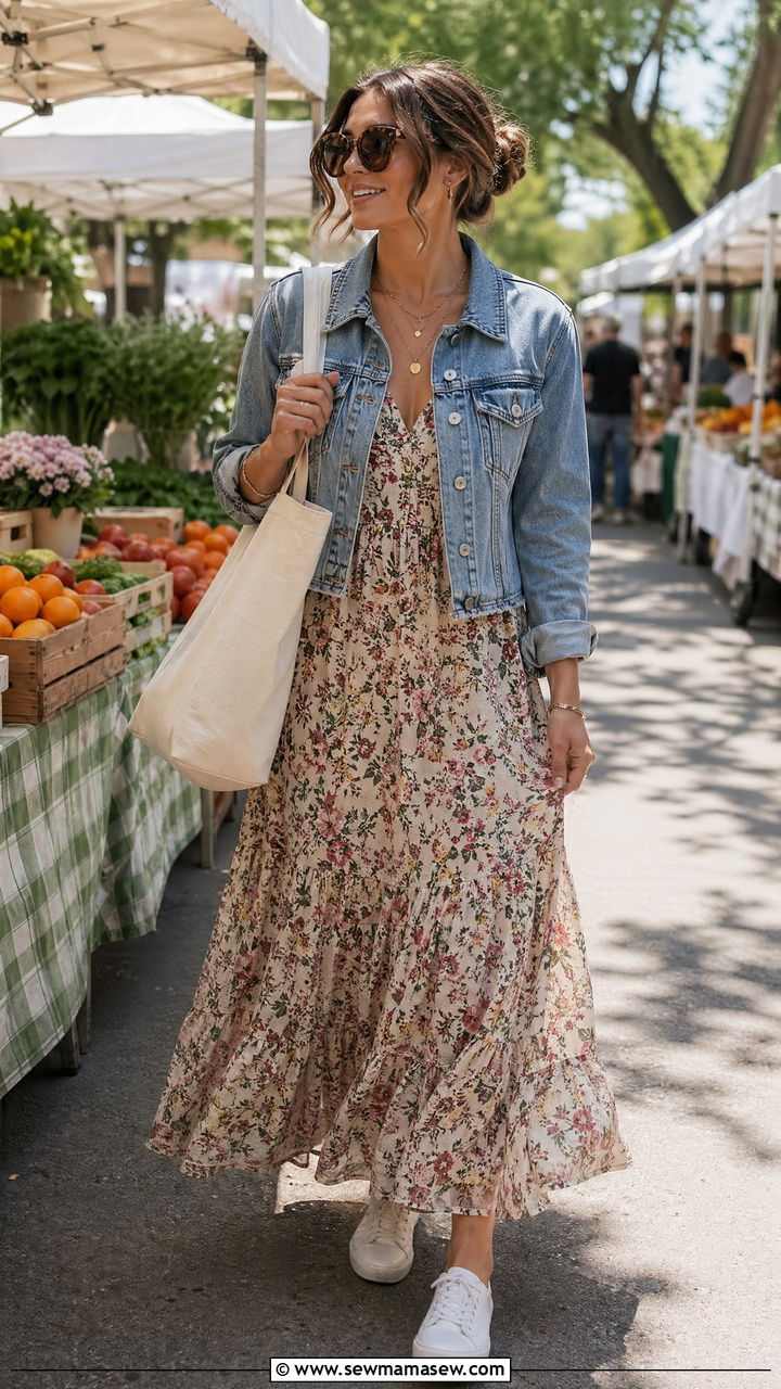 Denim Jacket Over a Maxi Dress - 35 what to wear to a birthday
