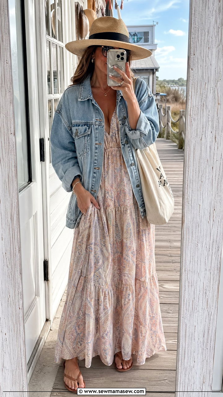 Denim Jacket Over a Maxi Dress With Flats - 35 Summer outfits with denim jacket