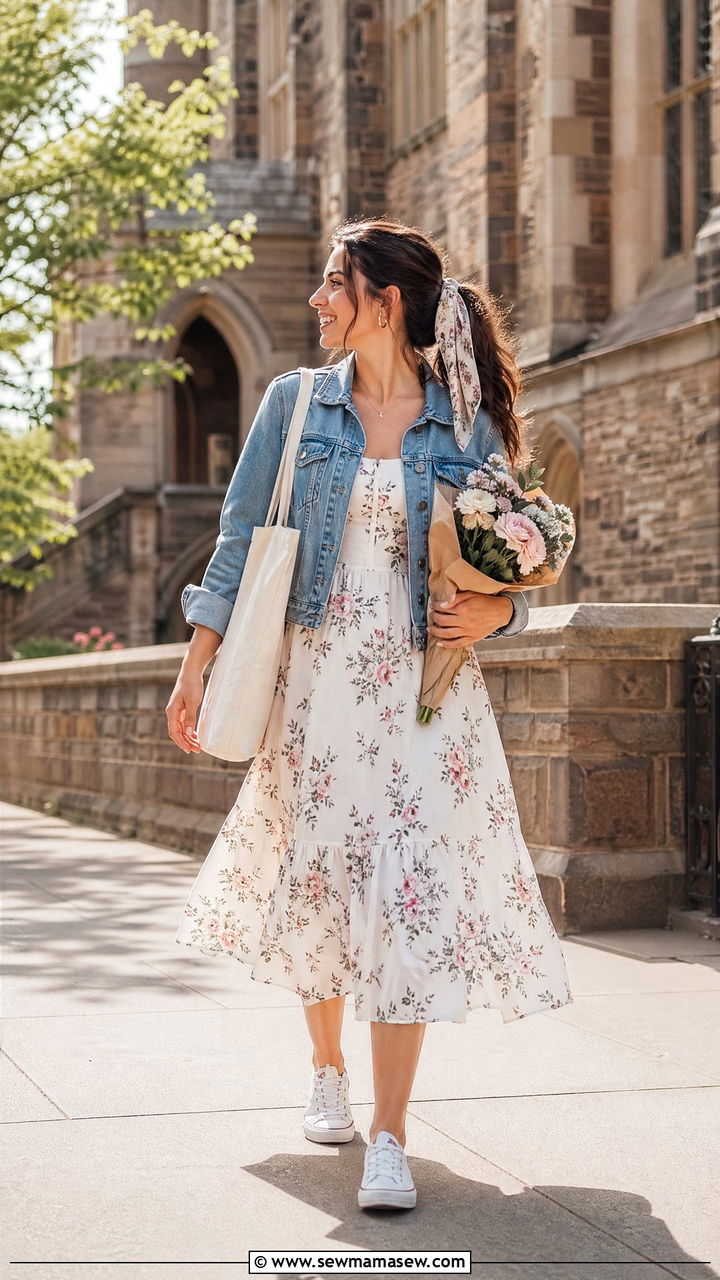 Denim Jacket Over a White Floral Dress - 35 what to wear to a graduation