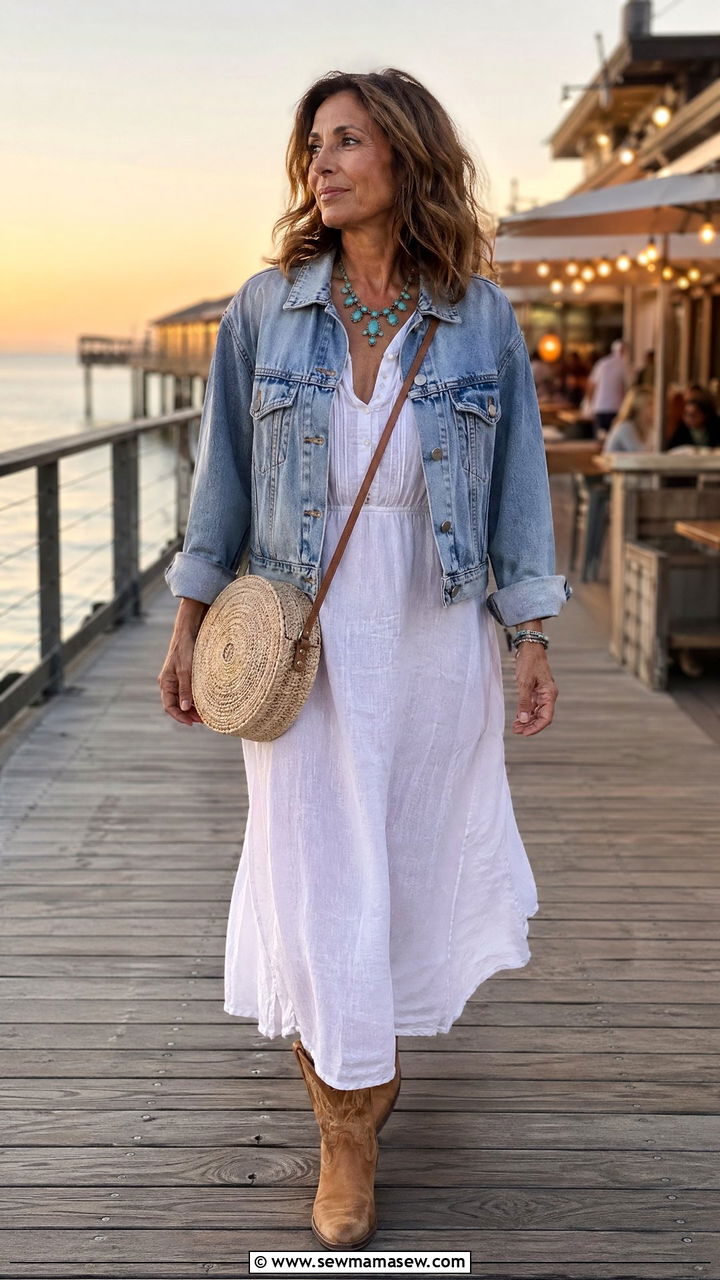 Denim Jacket Over a White Maxi Dress with Cowboy Boots - 35 coastal cowgirl outfit ideas for women over 40