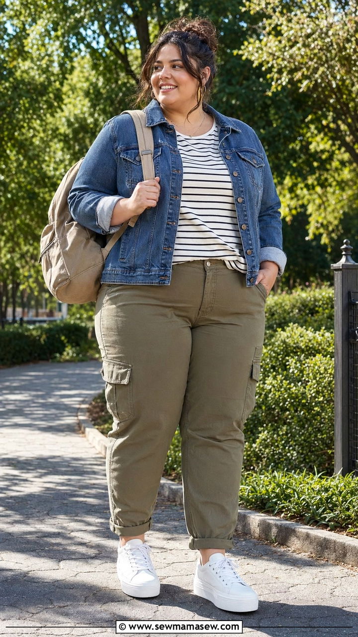 Denim Jacket Striped Tee and Khaki Cargo Pants - 35 Plus size outfit ideas size 22