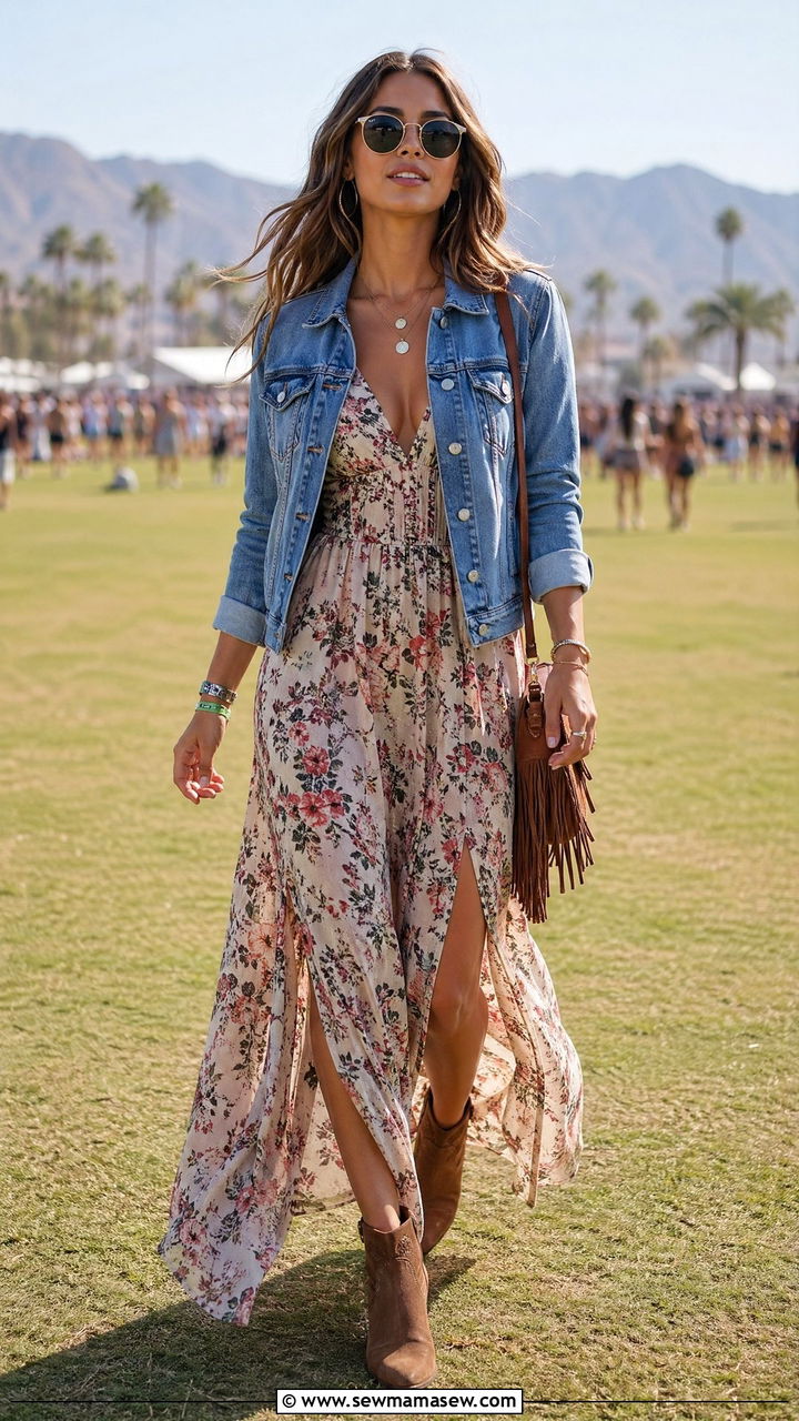 Denim Jacket With A Floaty Maxi Dress - 35 classy concert outfits