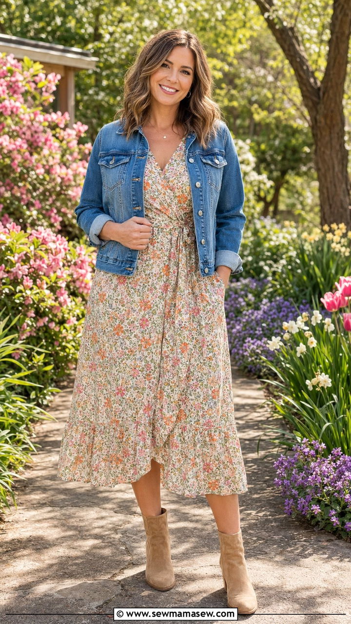 Denim Jacket With A Floral Midi Dress And Ankle Boots - 35 Mom style outfit ideas