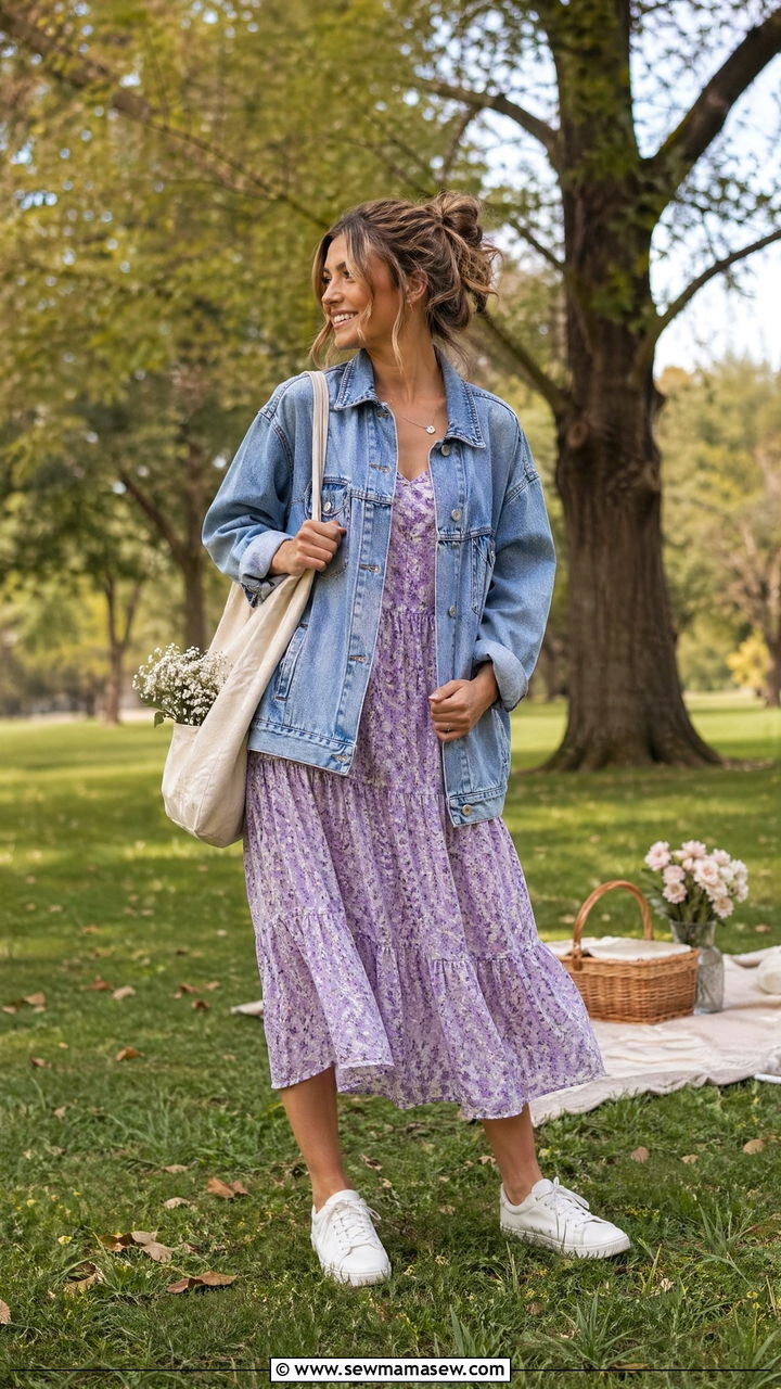 Denim Jacket With A Floral Midi Dress And Sneakers - 35 spring classy outfit ideas