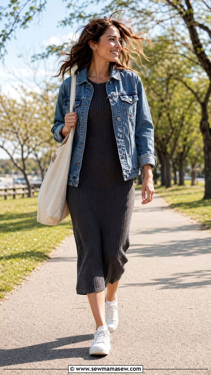 Denim Jacket With A Midi Dress - 30 windy day outfits Pinterest