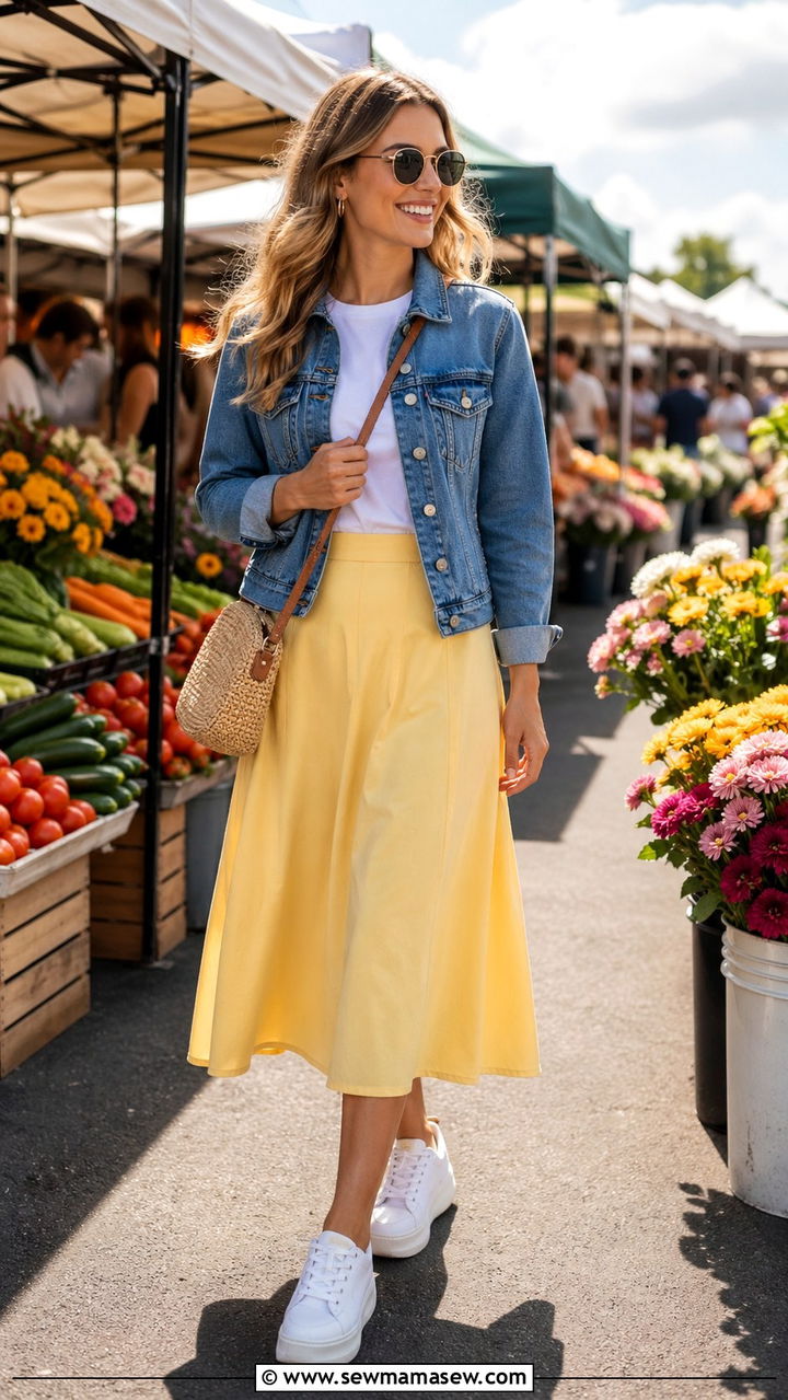 Denim Jacket With ALine Skirt - 30 Spring capsule wardrobe modest