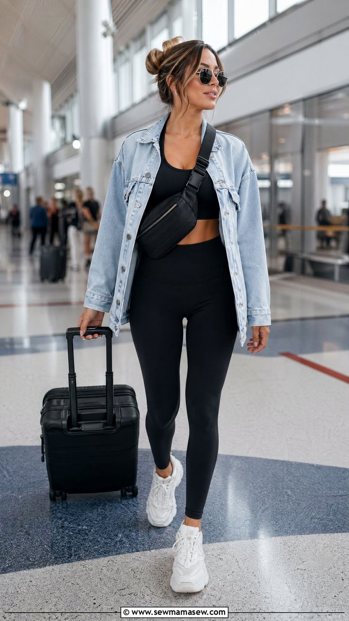 Denim Jacket With Athletic Wear and Chunky Sneakers - 35 Summer outfits with denim jacket