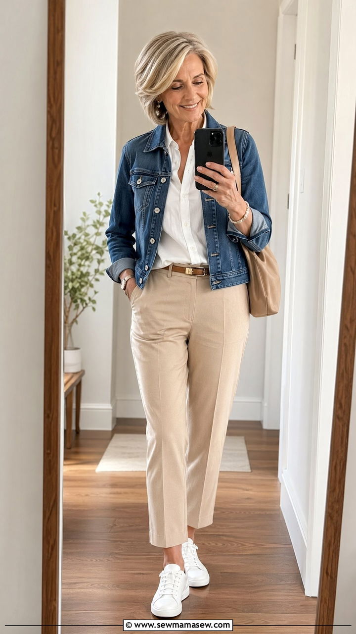 Denim Jacket With Beige Trousers Outfit - 35 Spring outfits for women over 60