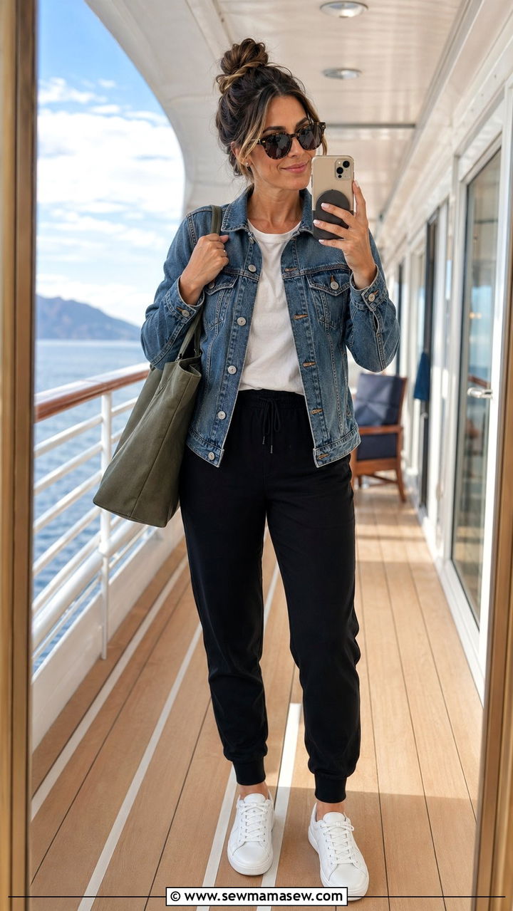 Denim Jacket With Black Jogger Pants - 30 Alaska cruise outfit ideas
