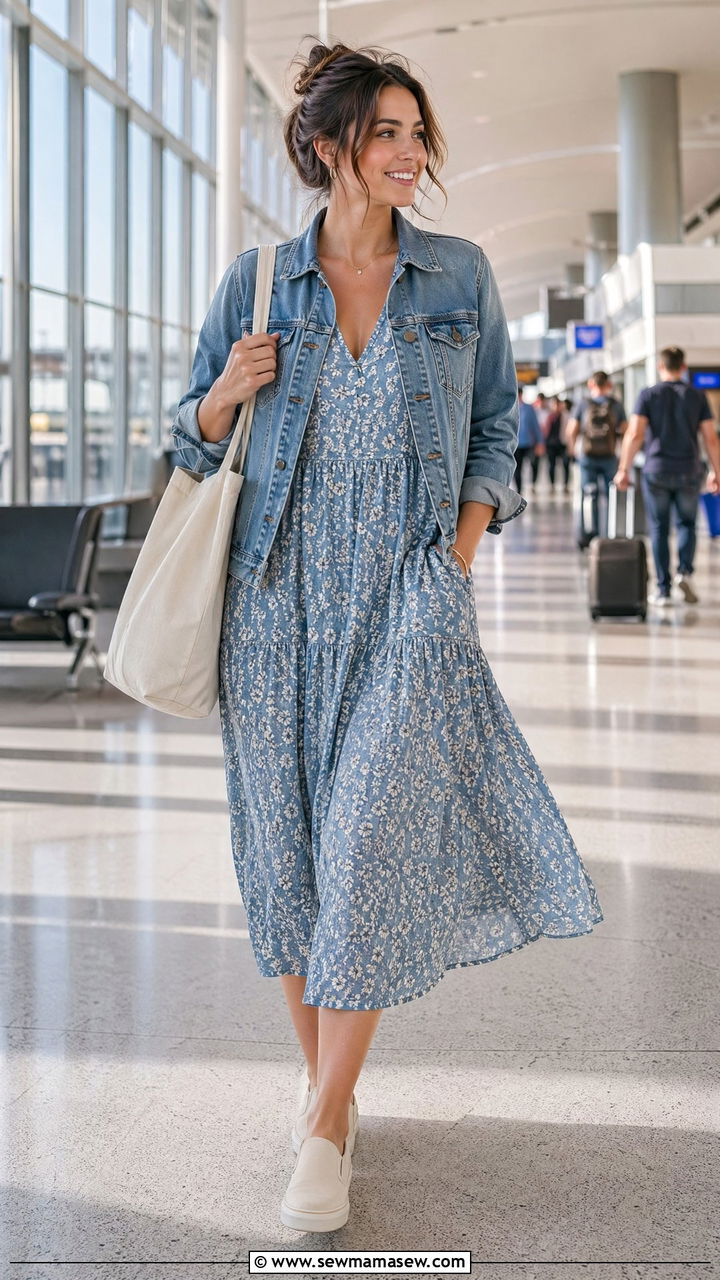 Denim Jacket With Blue Floral Midi Dress - 35 Spring travel outfit ideas 2026