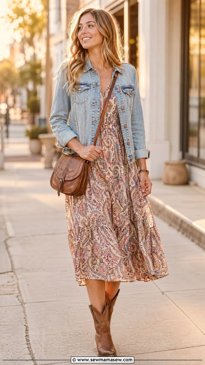 Denim Jacket With Boho Print Dress - 35 Western boho outfit ideas