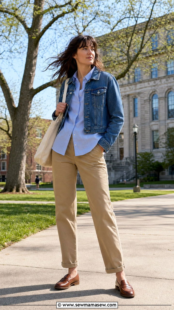 Denim Jacket With Button Down Shirt And Chinos - 30 Windy day outfit ideas