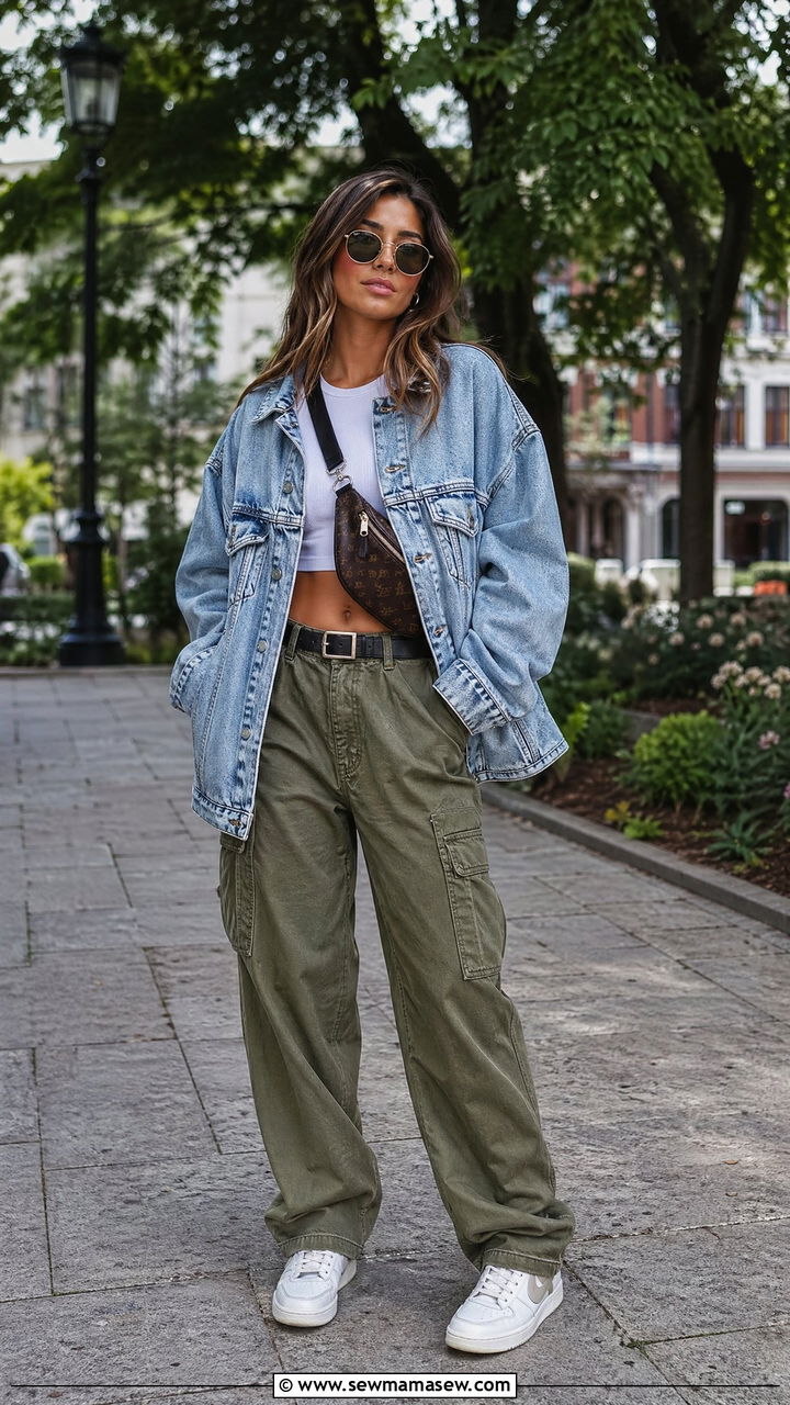 Denim Jacket With Cargo Pants and Sneakers - 35 Summer outfits with denim jacket