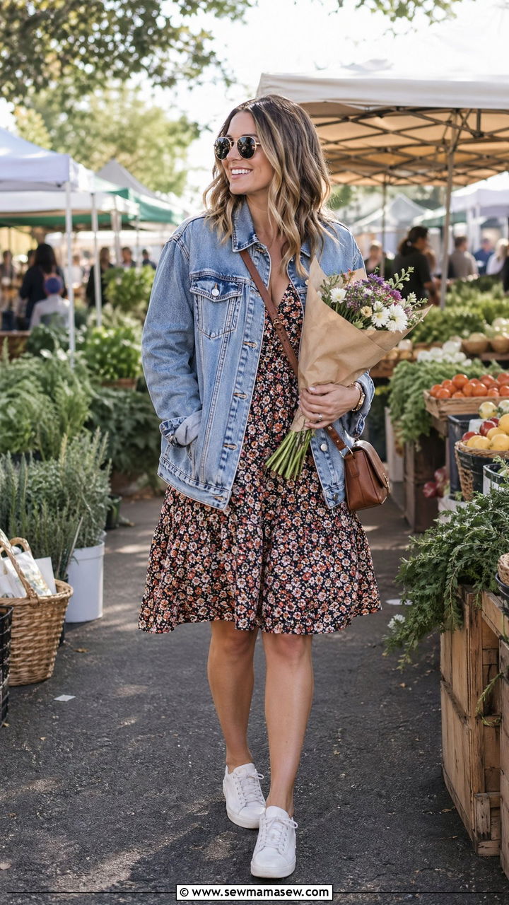 Denim Jacket With Floral Dress - 35 spring comfortable outfit ideas
