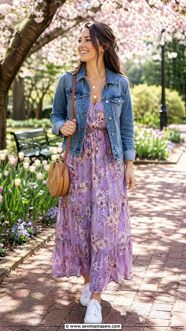 Denim Jacket With Floral Maxi Dress and Sneakers - 35 spring outfit ideas for women