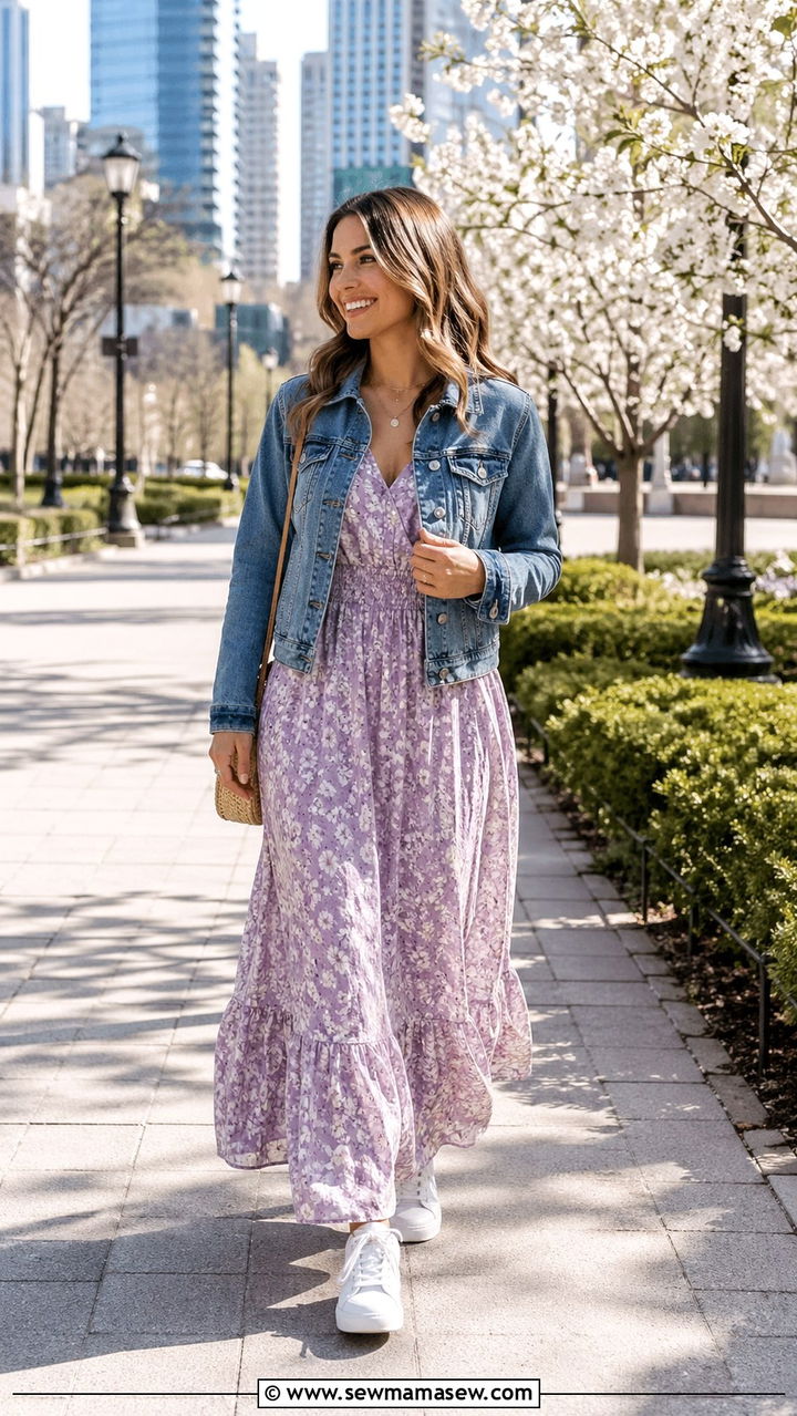 Denim Jacket With Floral Maxi Dress - 30 spring cottagecore outfits