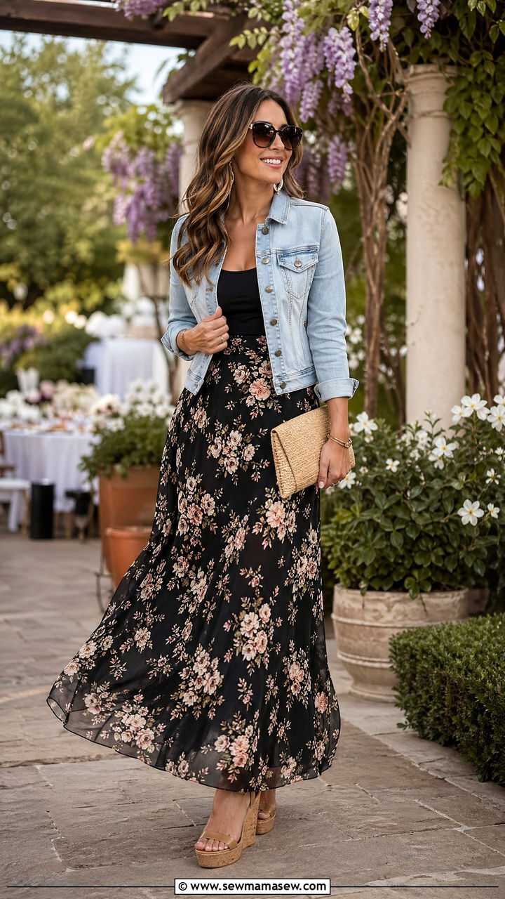 Denim Jacket With Floral Maxi Skirt and Wedges - 35 Summer outfits with denim jacket
