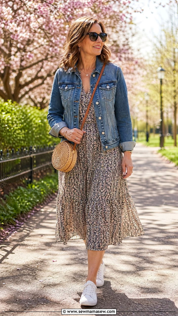 Denim Jacket With Floral Midi Dress - 35 Chic outfit ideas for women over 40