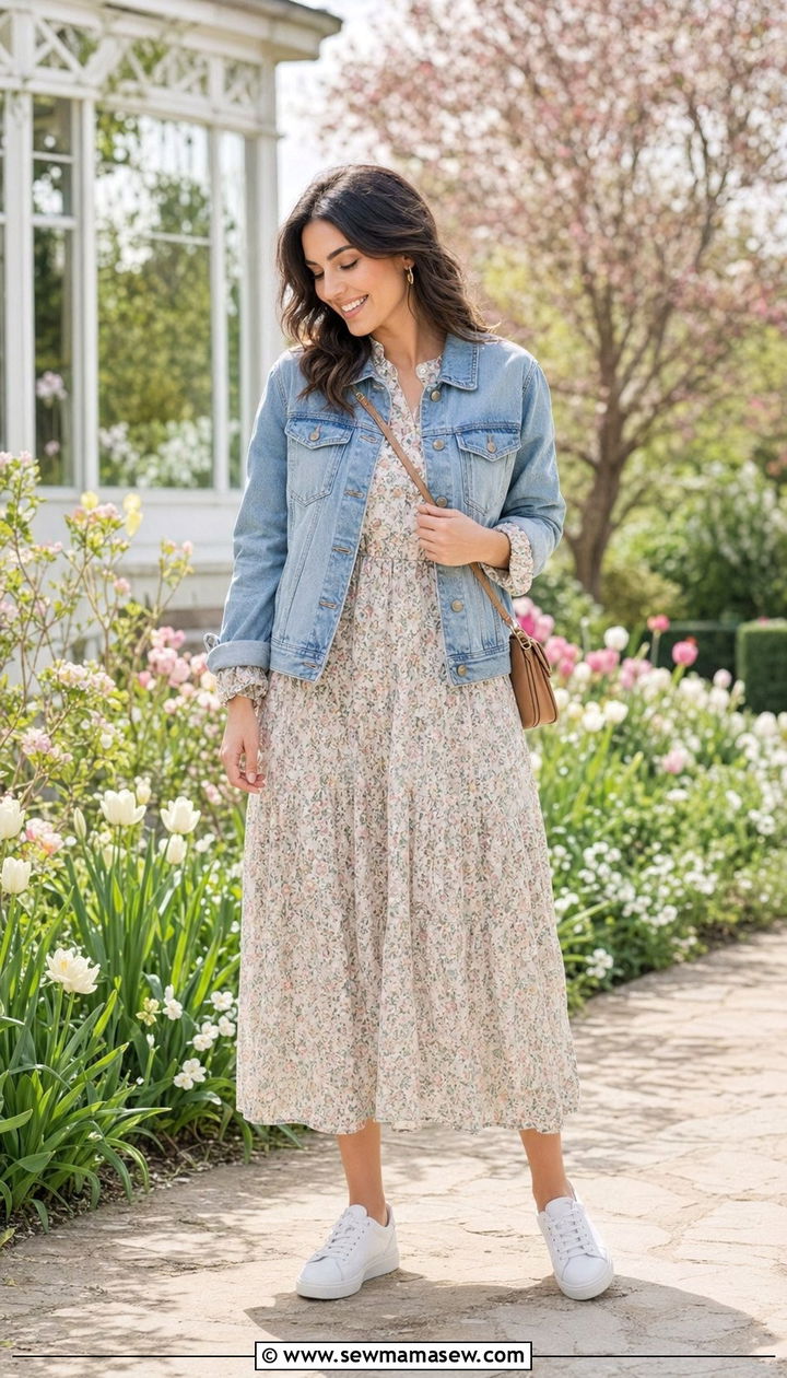 Denim Jacket With Floral Midi Dress - 35 Modest outfit ideas for moms