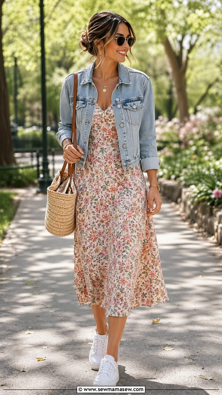 Denim Jacket With Floral Midi Dress - 35 spring street style outfits