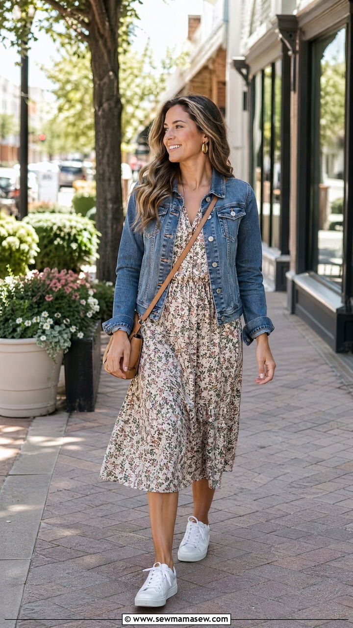 Denim Jacket With Floral Midi Dress - 35 summer capsule wardrobe outfit ideas