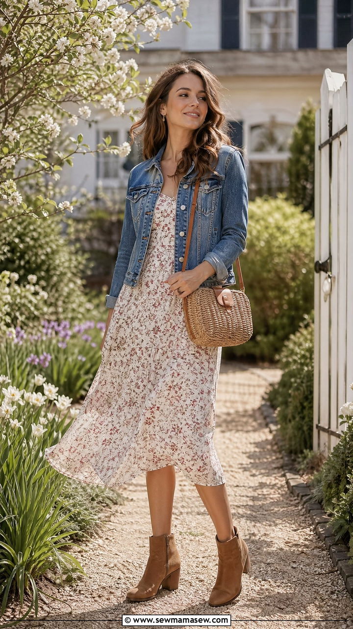 Denim Jacket With Floral Midi Dress And Ankle Boots - 35 Windy spring outfits