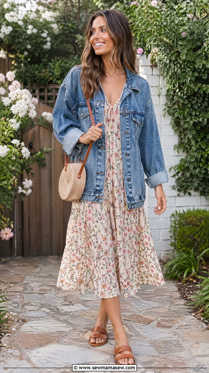 Denim Jacket With Floral Midi Dress And Flat Sandals - 35 casual outfits aesthetic