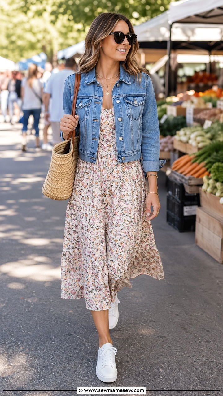 Denim Jacket With Floral Midi Dress And White Sneakers Outfit - 35 classy casual outfits