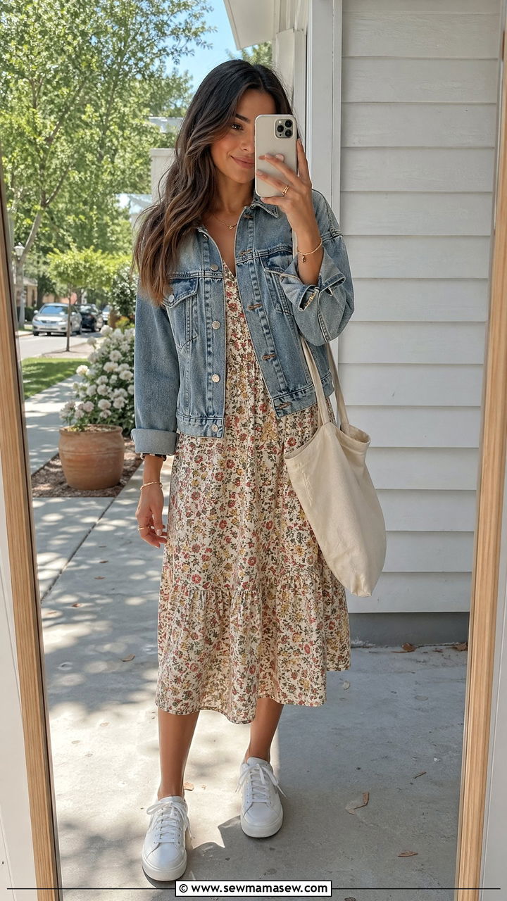 Denim Jacket With Floral Midi Dress Outfit - 35 spring to summer outfits