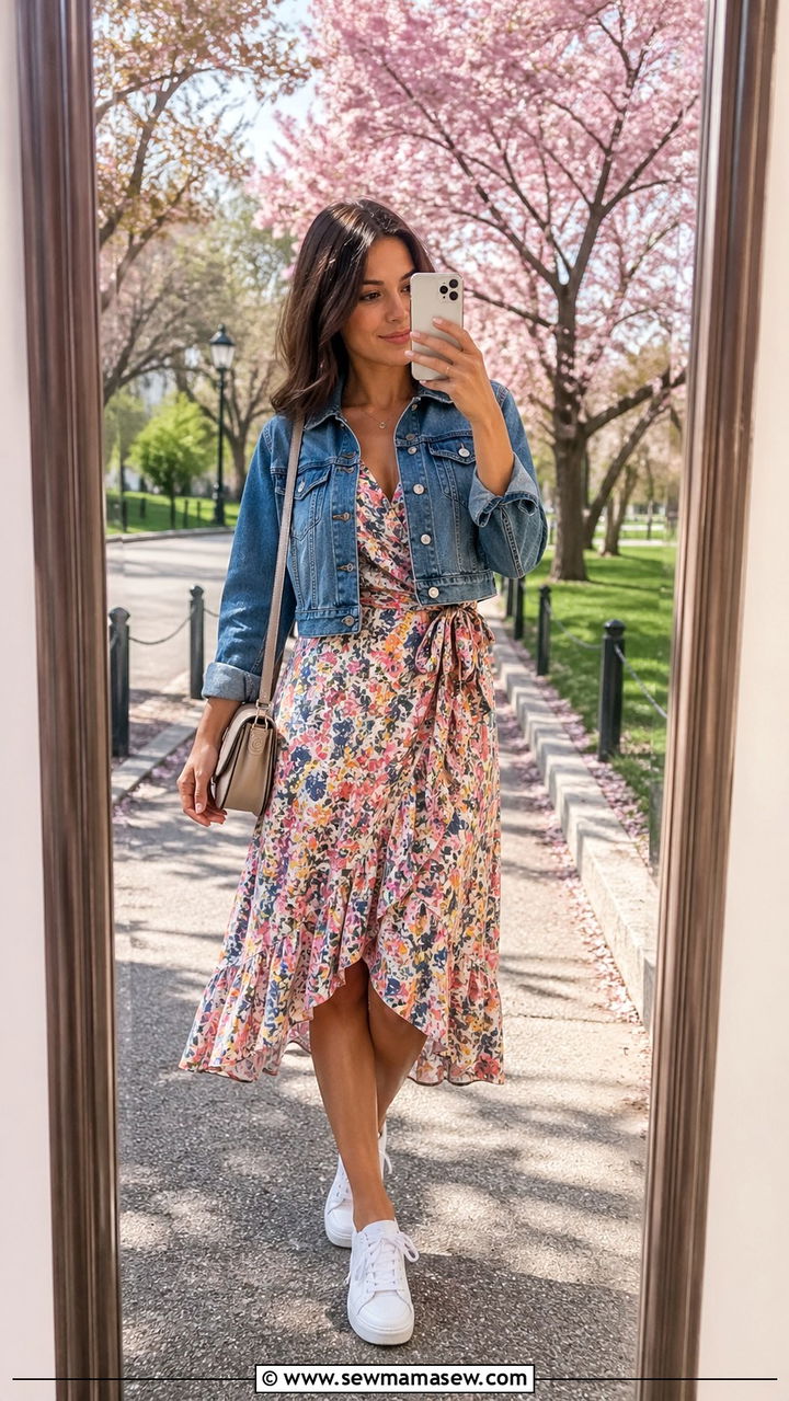 Denim Jacket With Floral Midi Dress Outfit Petite - 30 Spring capsule wardrobe for petite women