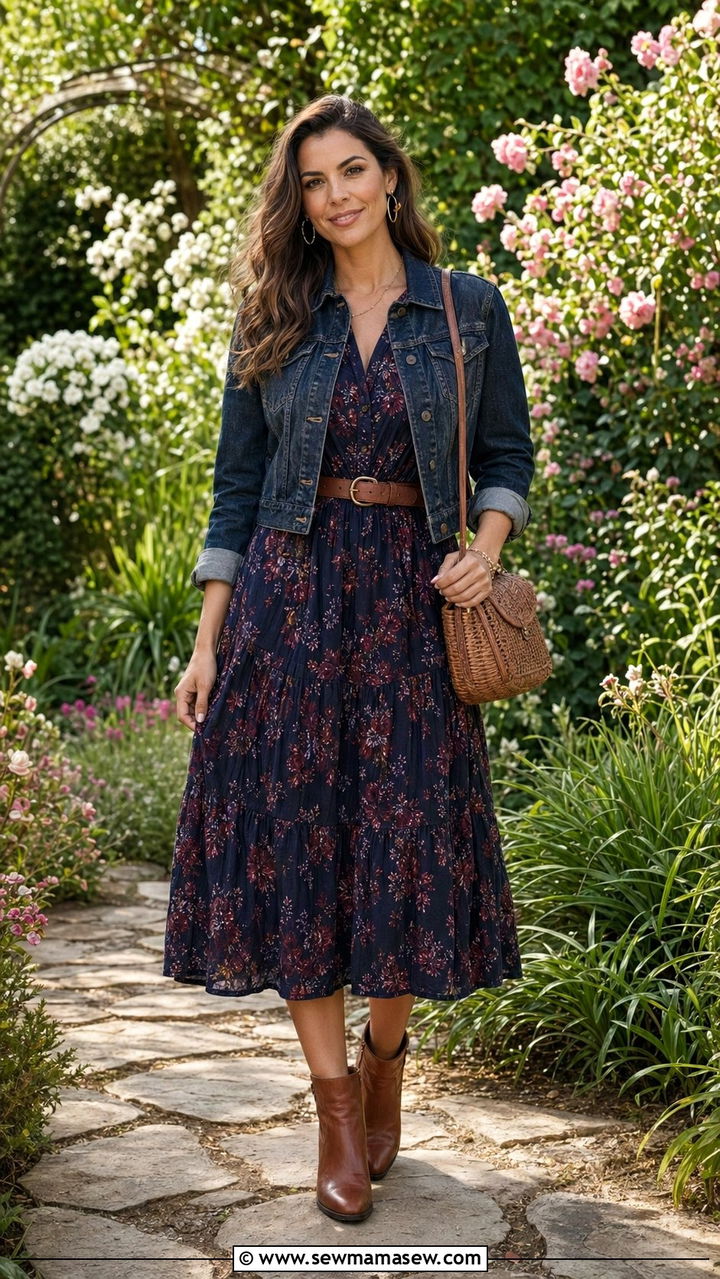 Denim Jacket With Floral Midi Dress Outfit - 30 90s outfit ideas for women over 40
