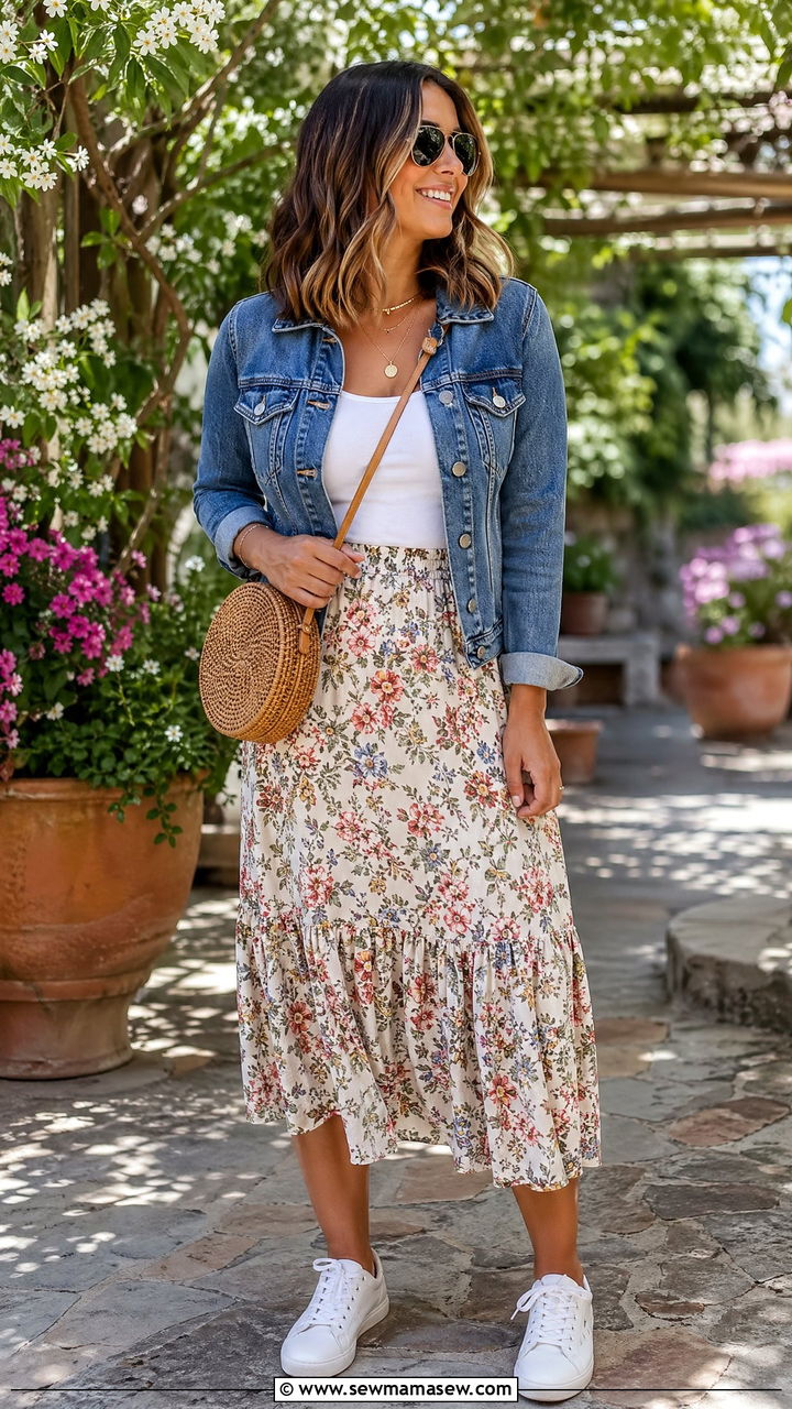Denim Jacket With Floral Midi Skirt - 35 Skirt outfit ideas for women over 40