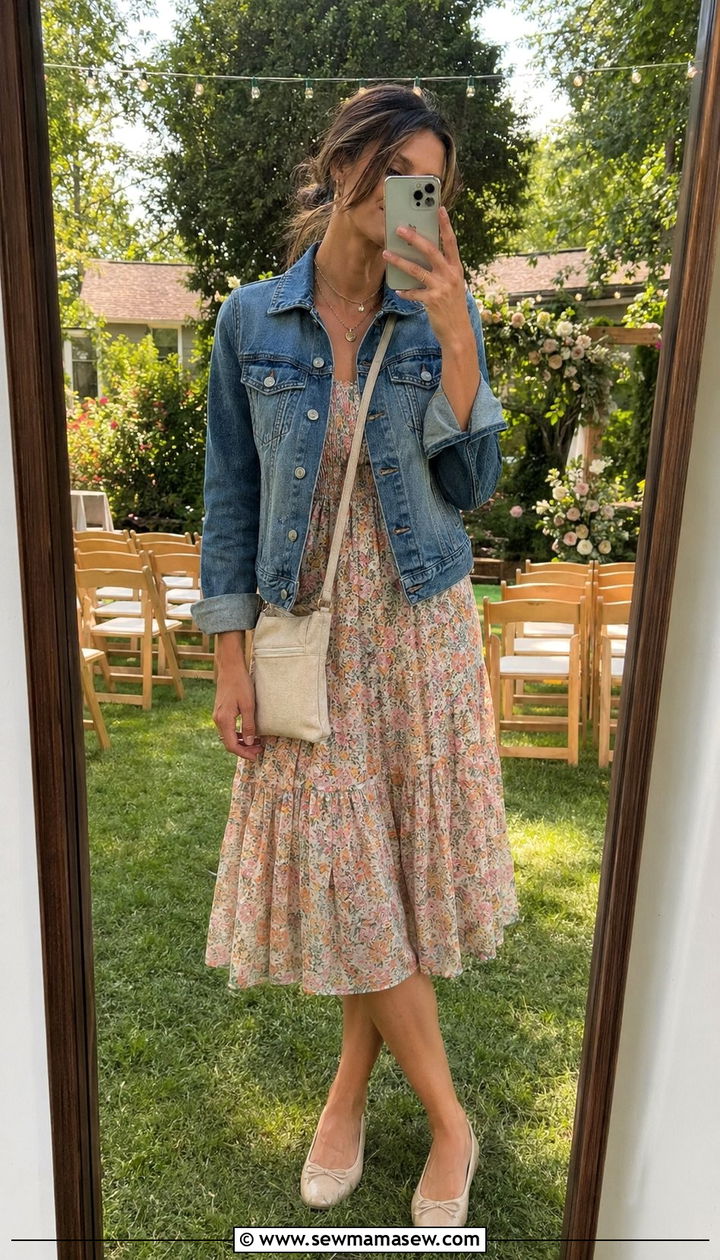 Denim Jacket With Floral Sundress And Ballet Flats - 35 Outdoor wedding guest outfits