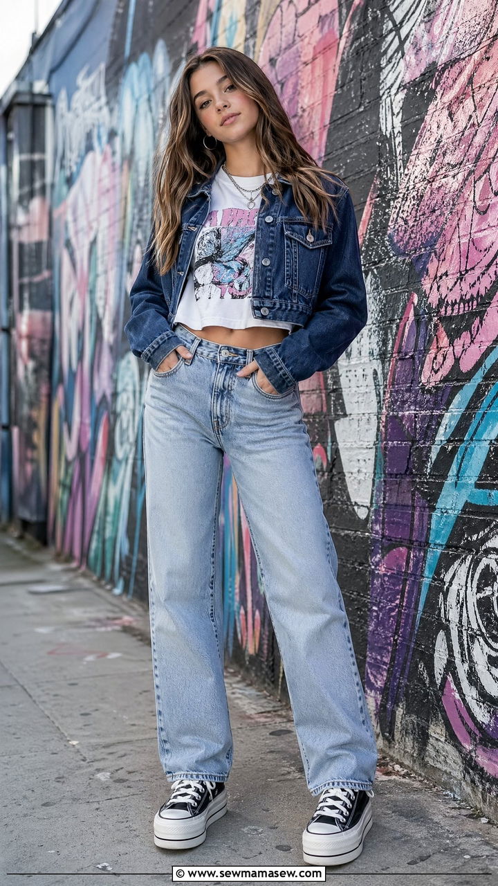 Denim Jacket With Graphic Tee And Jeans - 35 Trendy outfits for teens