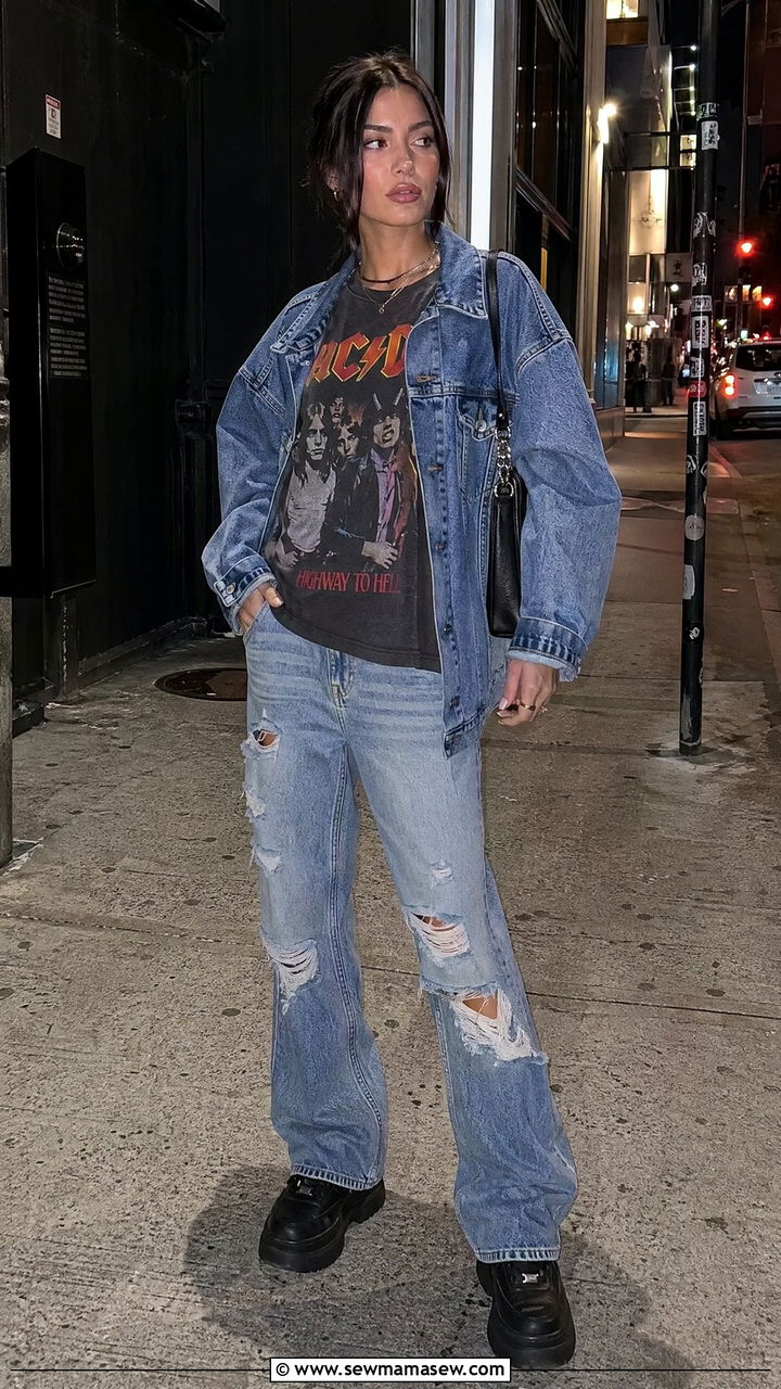 Denim Jacket With Graphic Tee and Distressed Jeans - 35 Summer outfits with denim jacket
