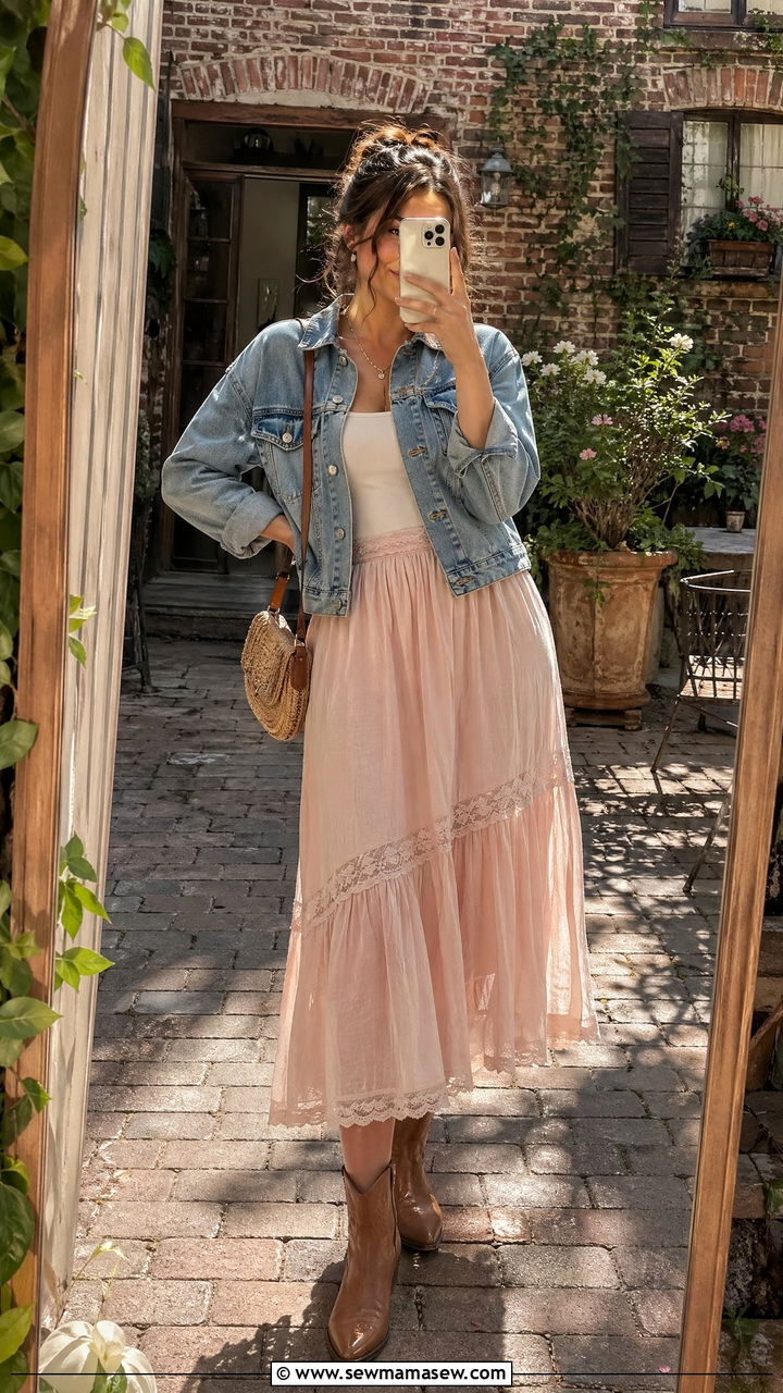 Denim Jacket With Lace Trim Midi Skirt - 35 cottagecore outfits for women