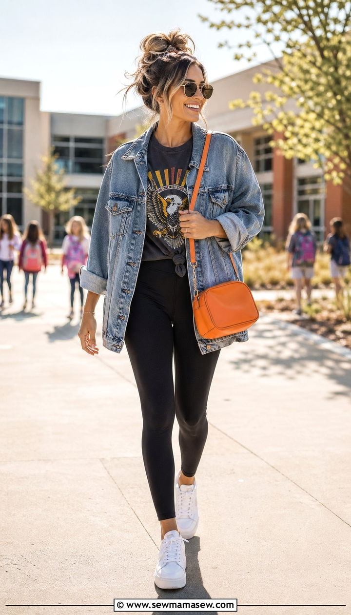 Denim Jacket With Leggings and a Graphic Tee - 35 School drop off outfit ideas