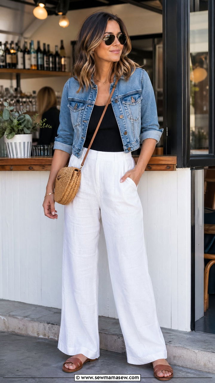 Denim Jacket With Linen Pants and Tank Top - 35 Summer outfits with denim jacket