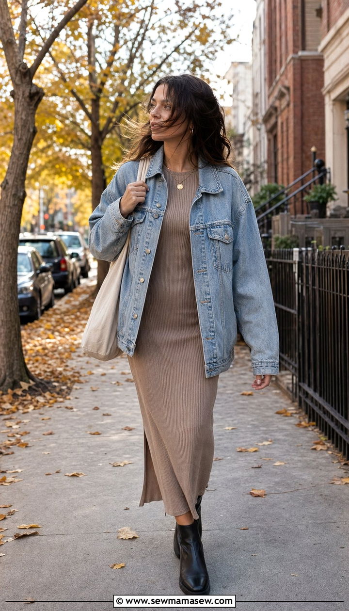 Denim Jacket With Maxi Dress And Ankle Boots - 30 Windy day outfit ideas