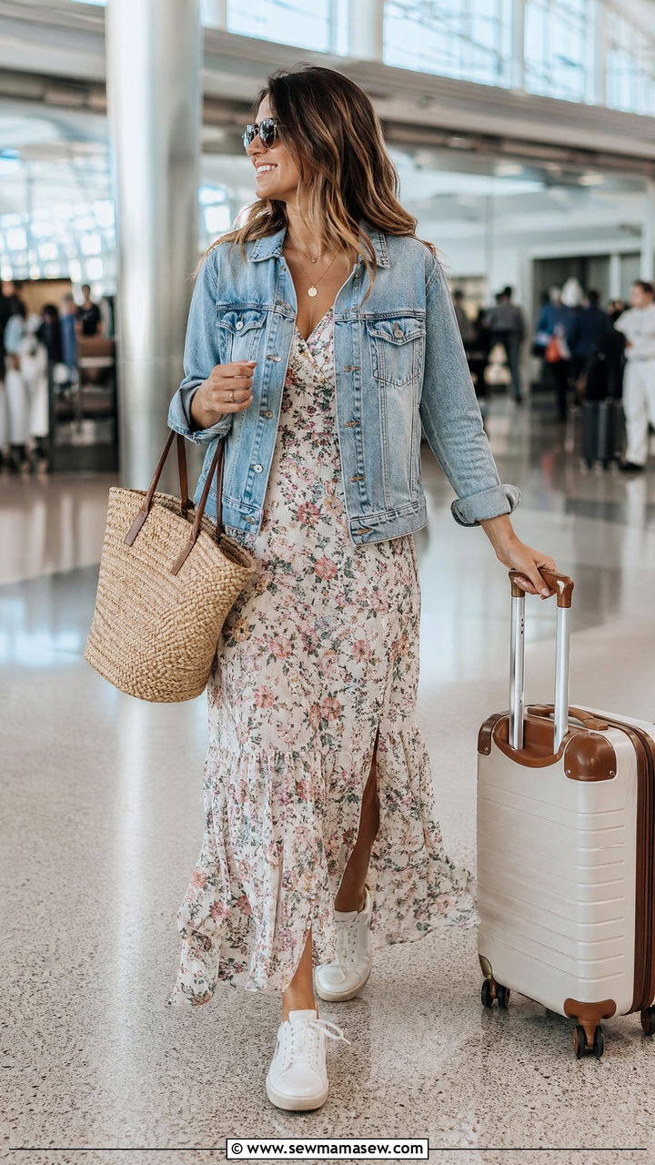 Denim Jacket With Maxi Dress And Sneakers - 35 classy airport outfits