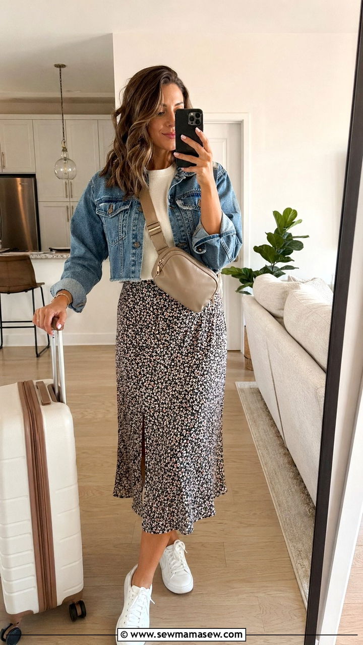 Denim Jacket With Midi Skirt Travel Outfit - 35 Modest outfit ideas for travel