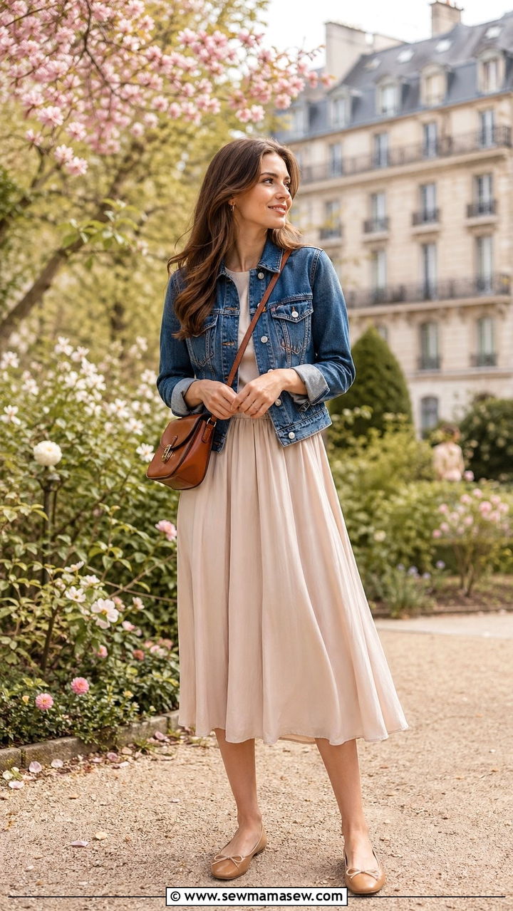 Denim Jacket With Midi Skirt and Ballet Flats - 35 Parisian spring outfit ideas