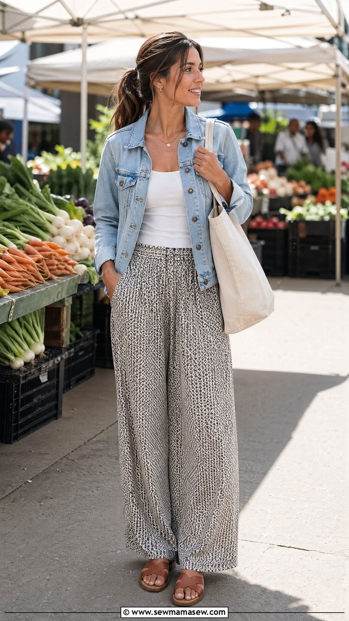 Denim Jacket With Patterned Wide Leg Pants - 35 Spring New York outfit ideas