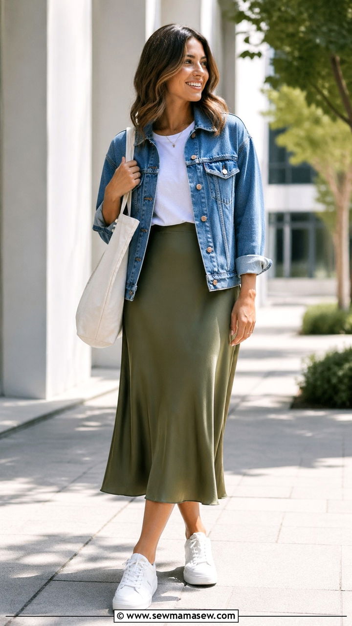 Denim Jacket With Slip Skirt and White Sneakers - 30 slip skirt outfit ideas for women