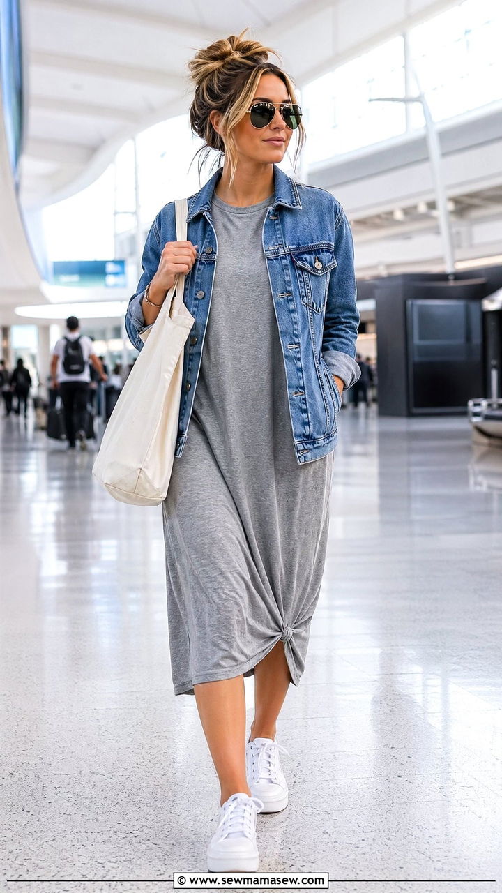 Denim Jacket With T Shirt Dress And White Sneakers - 40 Airport outfits for women