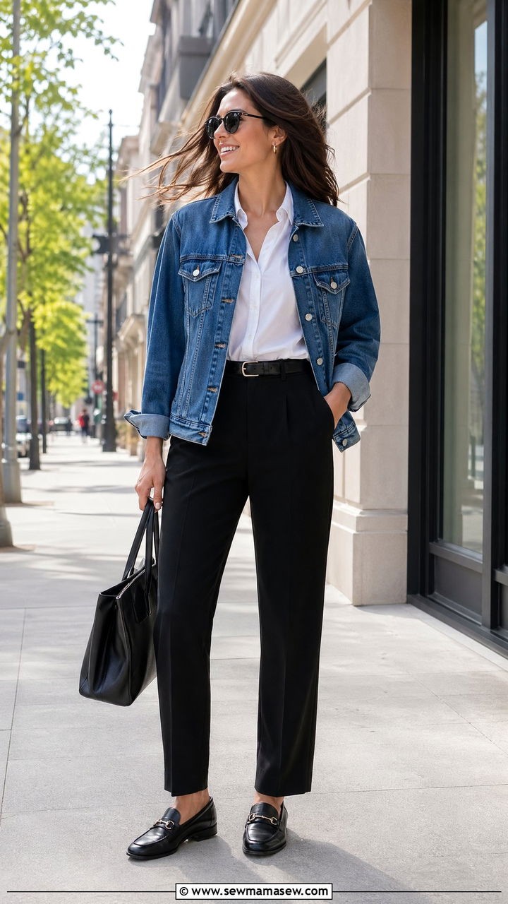 Denim Jacket With White Button Down And Black Trousers - 35 Windy spring outfits