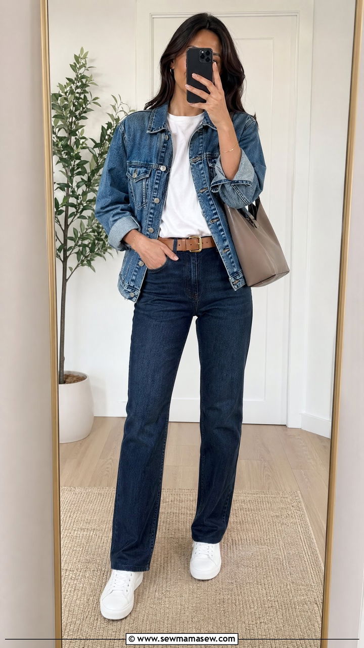 Denim Jacket With White Tee And Straight Leg Jeans - 35 Windy summer outfits