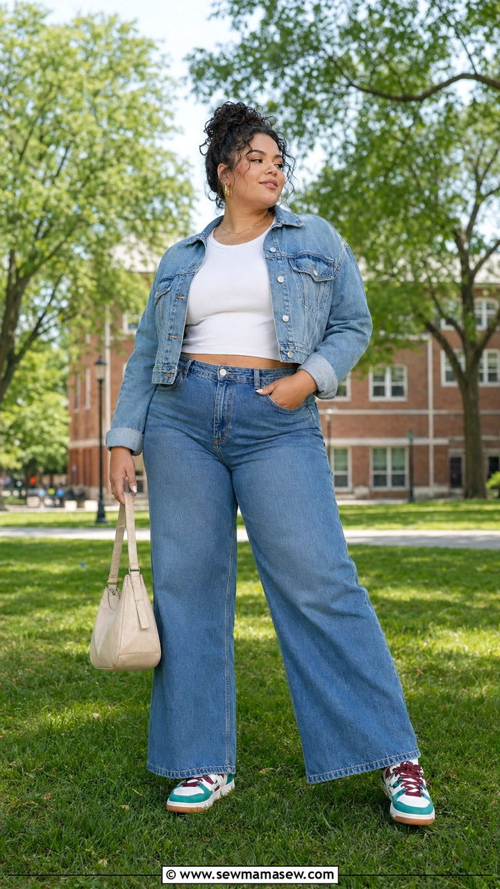 Denim Jacket With White Tee And Wide Leg Jeans - 30 Back to school outfit ideas plus size college