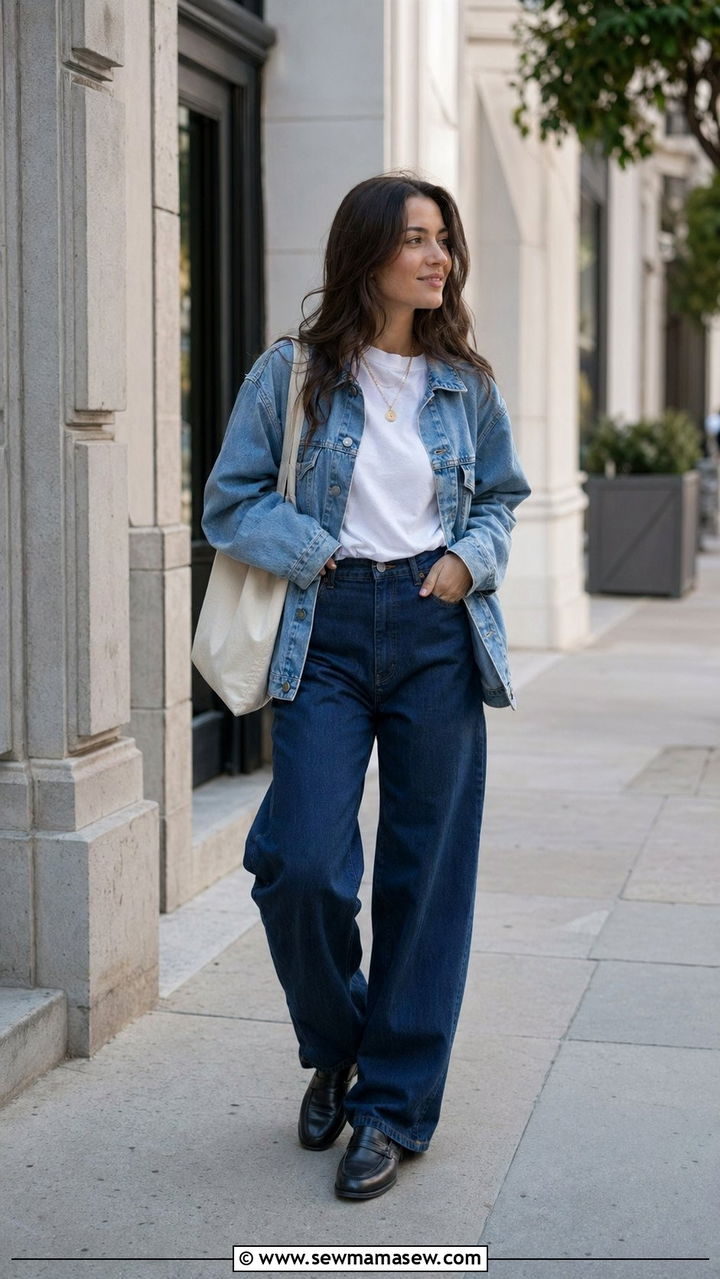 Denim Jacket With White Tee and Baggy Jeans With Loafers - 30 Baggy jeans outfit ideas with loafers