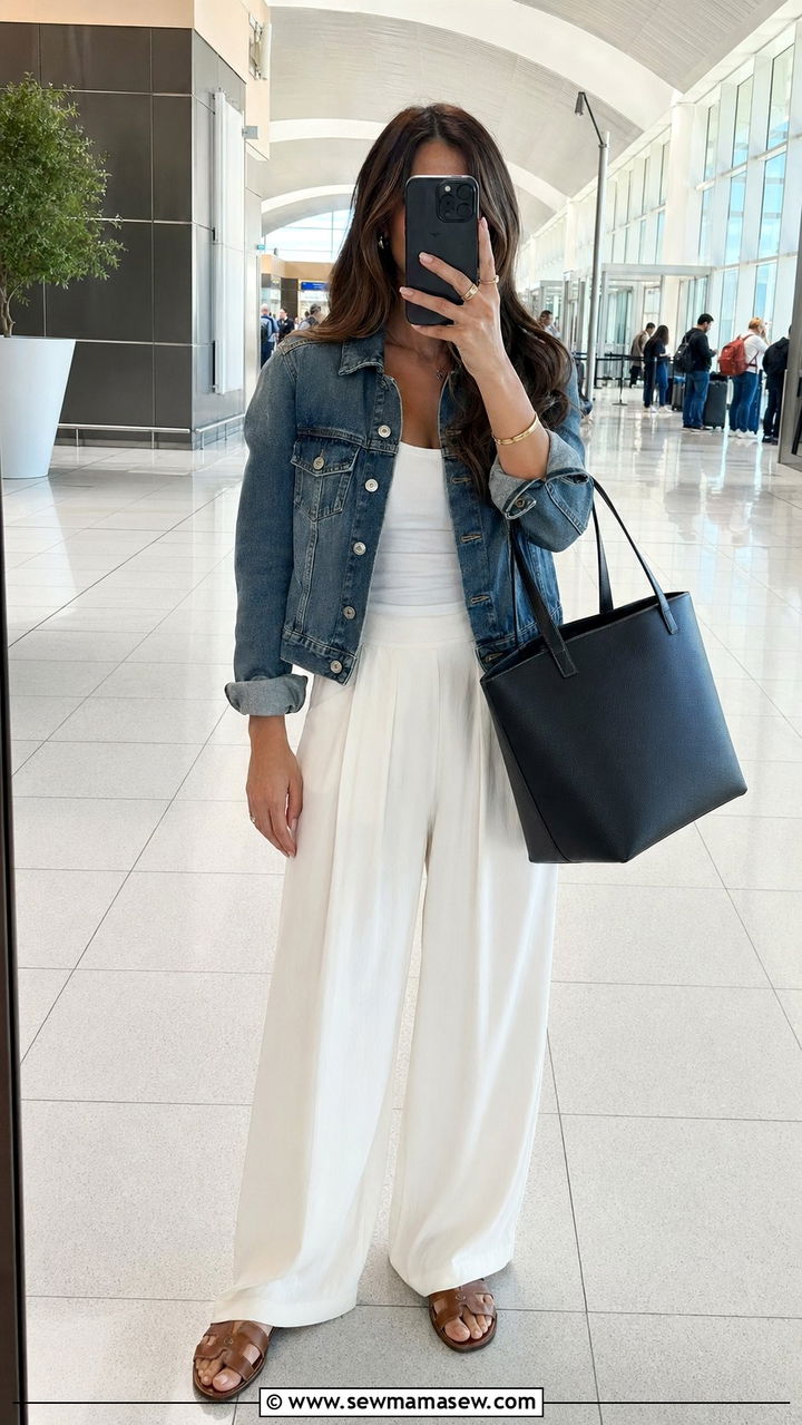 Denim Jacket With White Wide Leg Trousers And Designer Slides - 30 airport outfits inspo
